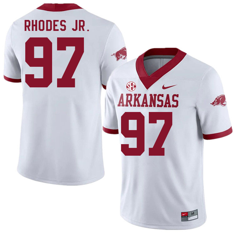 Men #97 Quincy Rhodes Jr. Arkansas Razorback College Football Jerseys Stitched Sale-Alternate White - Click Image to Close